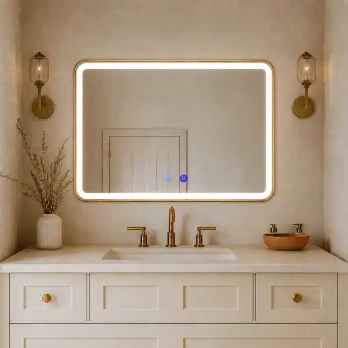 Oglindă LED Dreptunghiulară 80×60 cm cu Ramă Auriu Periat, Model Shark Design, Dezaburire, 3 Tipuri de Lumină, Touch, IP65 - imagine 6