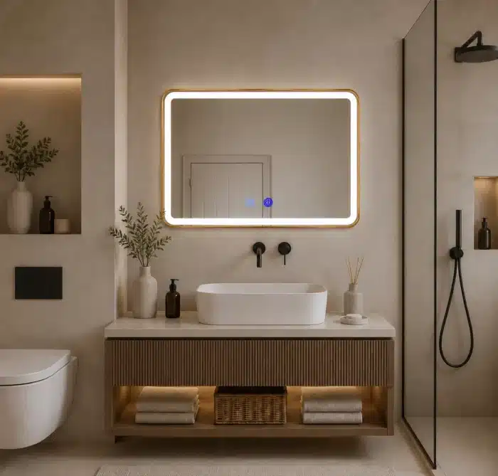 Oglindă LED Dreptunghiulară 80×60 cm cu Ramă Auriu Periat, Model Shark Design, Dezaburire, 3 Tipuri de Lumină, Touch, IP65 - imagine 5