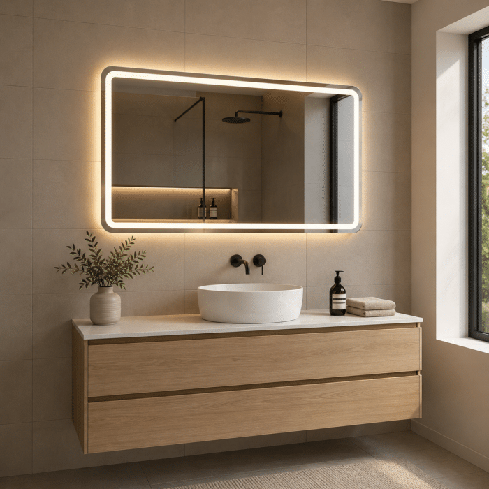 Oglindă LED Dreptunghiulară 90×60 cm, Iluminare Față + Spate, Dezaburire, 3 Tipuri de Lumină, Touch, Model Assi - imagine 2