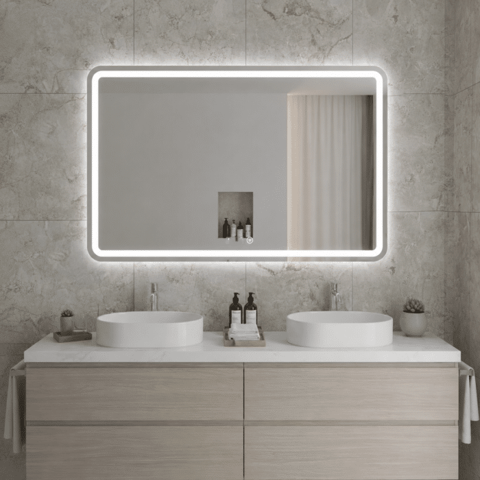 Oglindă LED Dreptunghiulară 90×60 cm, Iluminare Față + Spate, Dezaburire, 3 Tipuri de Lumină, Touch, Model Assi - imagine 4