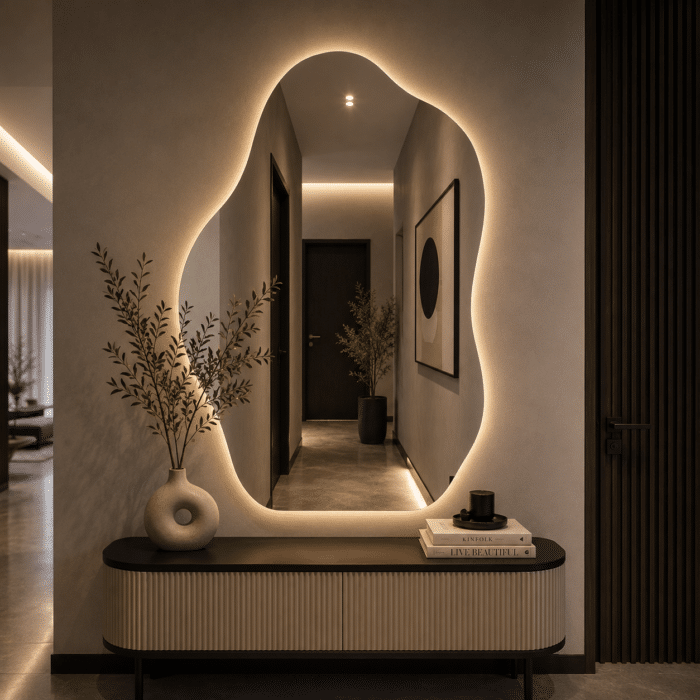 Oglindă LED Model Asimetric 70×90 cm, Iluminare Spate, Dezaburire, 3 Tipuri de Lumină, Touch, Model Shadow - imagine 4