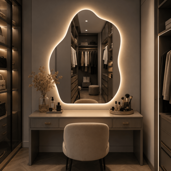 Oglindă LED Model Asimetric 70×90 cm, Iluminare Spate, Dezaburire, 3 Tipuri de Lumină, Touch, Model Shadow - imagine 2