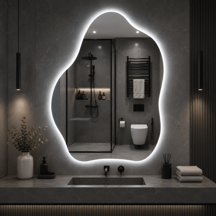 Oglindă LED Model Asimetric 70×90 cm, Iluminare Spate, Dezaburire, 3 Tipuri de Lumină, Touch, Model Shadow - imagine 3