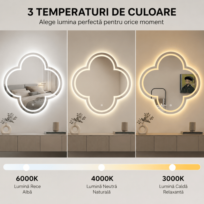 Oglindă LED Model Van Cleef 70×70 cm, Lumină Frontală, Dezaburire, 3 Tipuri de Lumină, Touch - imagine 4
