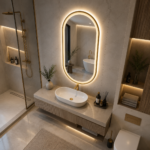 Oglindă LED Ovală 50×100 cm cu Ramă Auriu Periat, Model Shark Design, Dezaburire, 3 Tipuri de Lumină, Touch, IP65 - imagine 4
