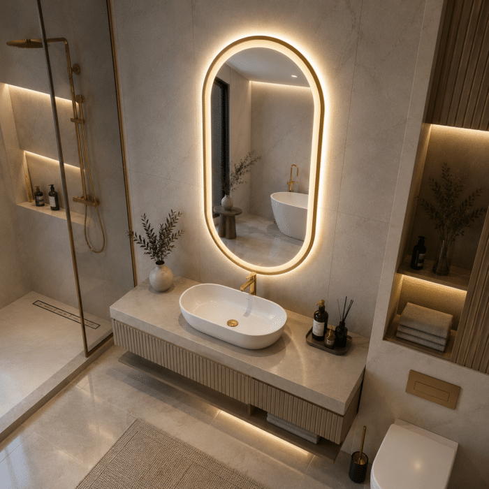 Oglindă LED Ovală 50×100 cm cu Ramă Auriu Periat, Model Shark Design, Dezaburire, 3 Tipuri de Lumină, Touch, IP65 - imagine 4