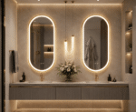 Oglindă LED Ovală 50×100 cm cu Ramă Auriu Periat, Model Shark Design, Dezaburire, 3 Tipuri de Lumină, Touch, IP65 - imagine 3