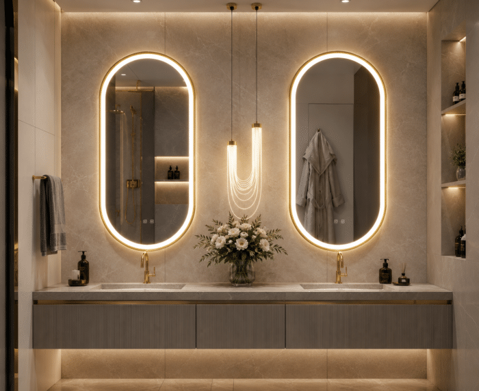 Oglindă LED Ovală 50×100 cm cu Ramă Auriu Periat, Model Shark Design, Dezaburire, 3 Tipuri de Lumină, Touch, IP65 - imagine 3