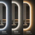 Oglindă LED Ovală 50×100 cm cu Ramă Auriu Periat, Model Shark Design, Dezaburire, 3 Tipuri de Lumină, Touch, IP65 - imagine 6