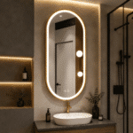 Oglindă LED Ovală 50×100 cm cu Ramă Auriu Periat, Model Shark Design, Dezaburire, 3 Tipuri de Lumină, Touch, IP65 - imagine 2