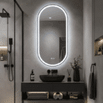 Oglindă LED Ovală 50×100 cm cu Ramă Negru Periat, Model Shark Design, Dezaburire, 3 Tipuri de Lumină, Touch, IP65