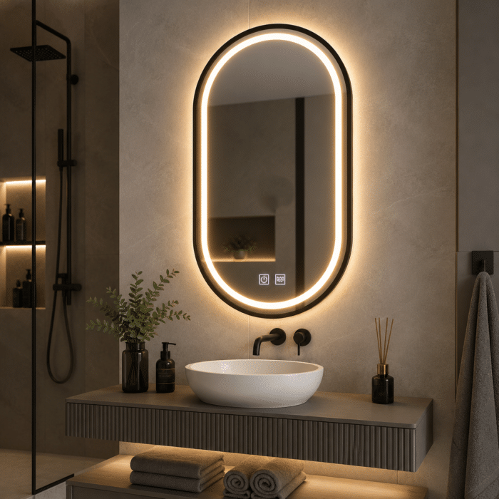 Oglindă LED Ovală 50×80 cm cu Ramă Negru Periat, Model Shark Design, Dezaburire, 3 Tipuri de Lumină, Touch, IP65 - imagine 6