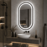 Oglindă LED Ovală 50×80 cm cu Ramă Negru Periat, Model Shark Design, Dezaburire, 3 Tipuri de Lumină, Touch, IP65