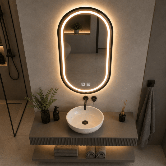 Oglindă LED Ovală 50×80 cm cu Ramă Negru Periat, Model Shark Design, Dezaburire, 3 Tipuri de Lumină, Touch, IP65 - imagine 5