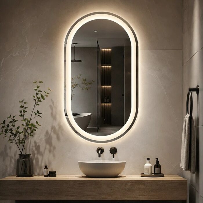 Oglindă LED Ovală 70×90 cm, Iluminare Față + Spate, Dezaburire, 3 Tipuri de Lumină, Touch, Model Brazo - imagine 5