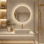 Oglindă LED Rotundă 70×70 cm, cu Ramă Aurie, Iluminare Față + Spate, Dezaburire, 3 Tipuri de Lumină, Touch, Model Cosmo Gold - imagine 2