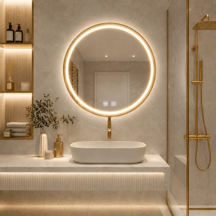 Oglindă LED Rotundă 70×70 cm, cu Ramă Aurie, Iluminare Față + Spate, Dezaburire, 3 Tipuri de Lumină, Touch, Model Cosmo Gold - imagine 2