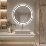Oglindă LED Rotundă 60×60 cm, cu Ramă Aurie, Iluminare Față + Spate, Dezaburire, 3 Tipuri de Lumină, Touch, Model Cosmo Gold - imagine 3