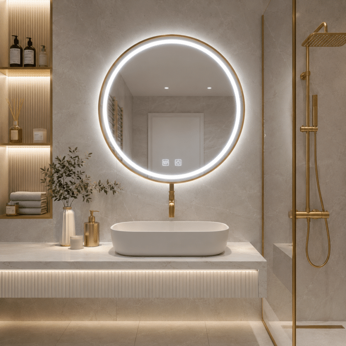 Oglindă LED Rotundă 60×60 cm, cu Ramă Aurie, Iluminare Față + Spate, Dezaburire, 3 Tipuri de Lumină, Touch, Model Cosmo Gold - imagine 3