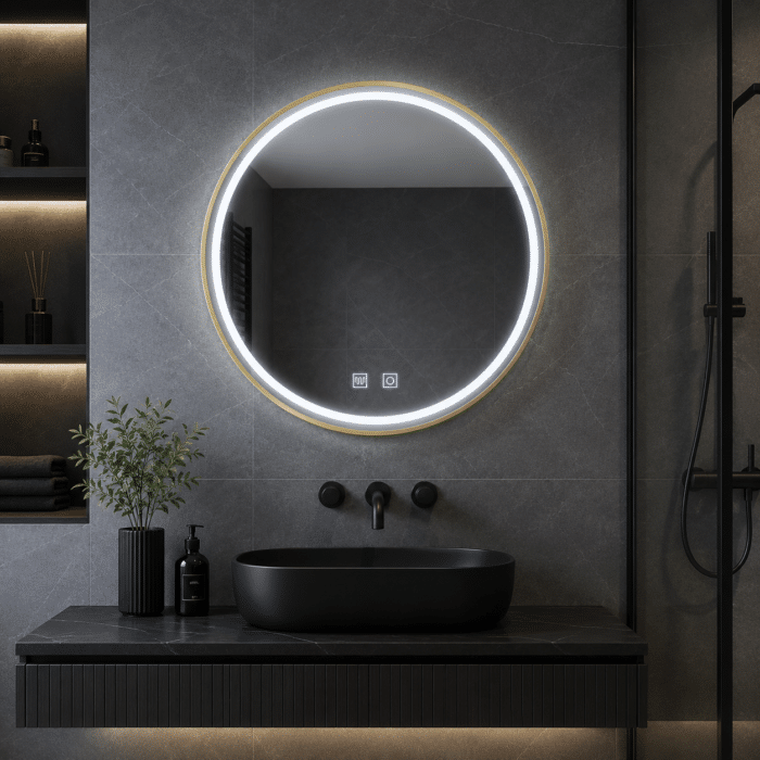 Oglindă LED Rotundă 70×70 cm, cu Ramă Aurie, Iluminare Față + Spate, Dezaburire, 3 Tipuri de Lumină, Touch, Model Cosmo Gold - imagine 8