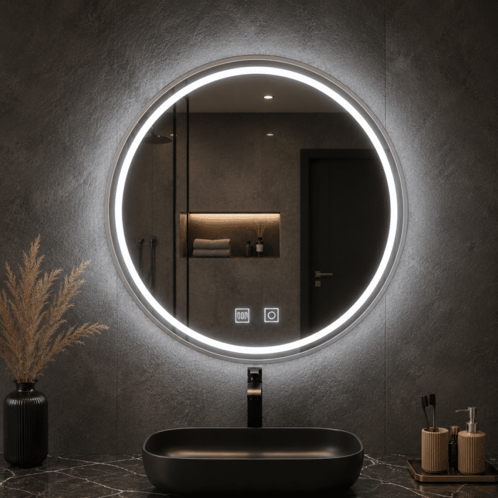 Oglindă LED Rotundă 70×70 cm, cu Ramă Aurie, Iluminare Față + Spate, Dezaburire, 3 Tipuri de Lumină, Touch, Model Cosmo Gold - imagine 4