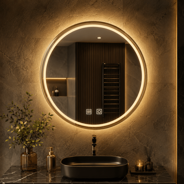 Oglindă LED Rotundă 70×70 cm, cu Ramă Aurie, Iluminare Față + Spate, Dezaburire, 3 Tipuri de Lumină, Touch, Model Cosmo Gold - imagine 3