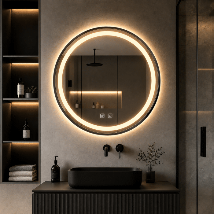 Oglindă LED Rotundă 60×60 cm, cu Ramă Neagră, Iluminare Față + Spate, Dezaburire, 3 Tipuri de Lumină, Touch, Model Cosmo Black - imagine 2