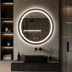 Oglindă LED Rotundă 60×60 cm, cu Ramă Neagră, Iluminare Față + Spate, Dezaburire, 3 Tipuri de Lumină, Touch, Model Cosmo Black