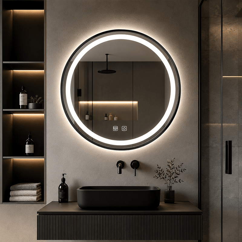 Oglindă LED Rotundă 60×60 cm, cu Ramă Neagră, Iluminare Față + Spate, Dezaburire, 3 Tipuri de Lumină, Touch, Model Cosmo Black (4) Oglindă LED Rotundă 60×60 cm, cu Ramă Neagră, Iluminare Față + Spate, Dezaburire, 3 Tipuri de Lumină, Touch, Model Cosmo Black - imagine 1