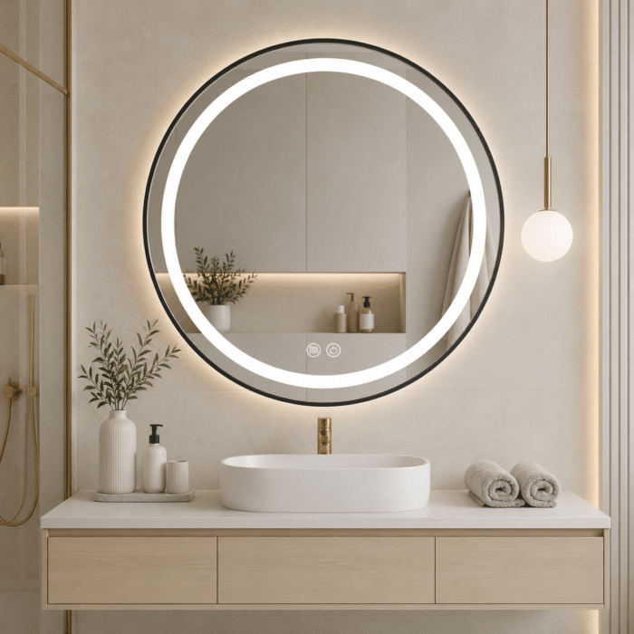 Oglindă LED Rotundă 70×70 cm, cu Ramă Negru Mat, Iluminare Față + Spate, Dezaburire, 3 Tipuri de Lumină, Touch, Model Cosmo Black - imagine 2