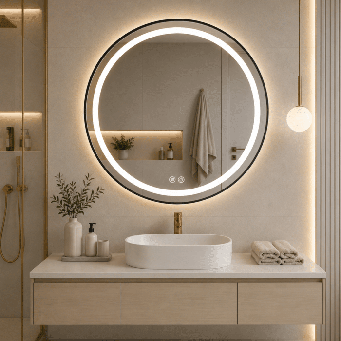 Oglindă LED Rotundă 70×70 cm, cu Ramă Negru Mat, Iluminare Față + Spate, Dezaburire, 3 Tipuri de Lumină, Touch, Model Cosmo Black - imagine 3