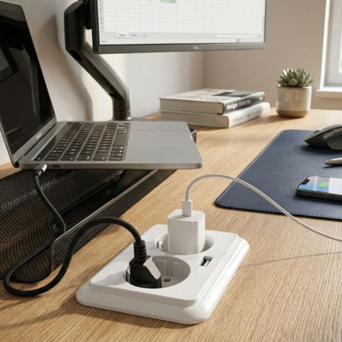Priză Dublă cu Împământare și Încărcător USB-A + USB-C PD 18W, 16A, Albă - imagine 5