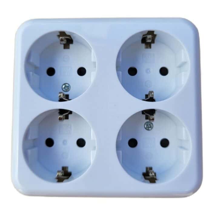 Priză Cvadruplă Albă, 4 Prize, Ceramică, cu Contact de Protecție, 250V, 16A, 3500W, IP20, Montaj Aparent - imagine 2