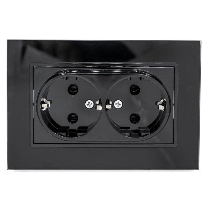 Priză Dublă Neagră cu Ramă din Sticlă, 250V, 16A, IP20, 127 × 86 mm - imagine 3
