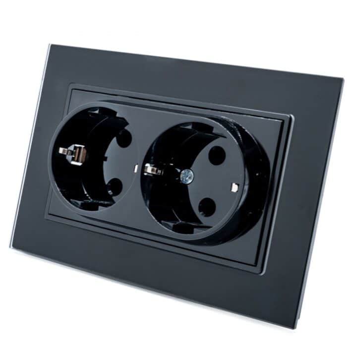 Priză Dublă Neagră cu Ramă din Sticlă, 250V, 16A, IP20, 127 × 86 mm - imagine 2