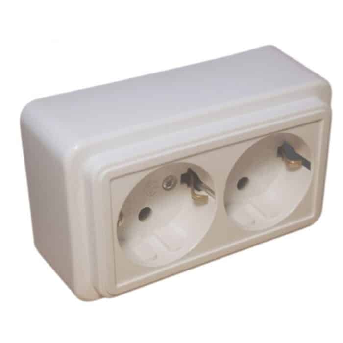 Priză Dublă Spin Aplicată, Ceramică, cu Contact de Protecție, Alb, Montaj Aparent - imagine 2
