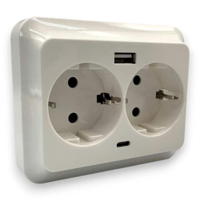 Priză Dublă cu Împământare și Încărcător USB-A + USB-C PD 18W, 16A, Albă - imagine 2