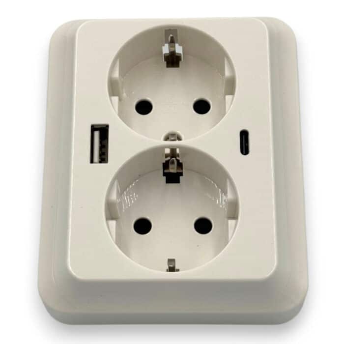 Priză Dublă cu Împământare și Încărcător USB-A + USB-C PD 18W, 16A, Albă - imagine 7