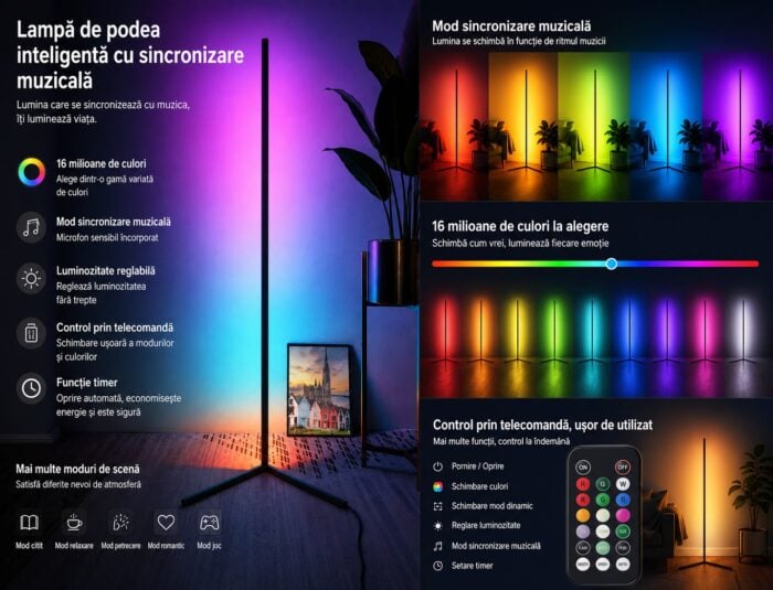Lampadar LED RGB 17W, 148 cm, Jocuri de Lumini, Sincronizare cu Muzica și Vocea, Telecomandă, Lumină Ambientală, Negru - imagine 2