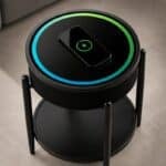 Măsuță Rotundă Smart QMS-7 Neagră cu Boxă Bluetooth 65W, Subwoofer, Încărcare Wireless, USB-C, TWS și LED RGB