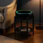 Măsuță Rotundă Smart QMS-7 Neagră cu Boxă Bluetooth 65W, Subwoofer, Încărcare Wireless, USB-C, TWS și LED RGB - imagine 2