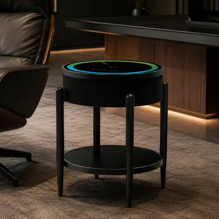 Măsuță Rotundă Smart QMS-7 Neagră cu Boxă Bluetooth 65W, Subwoofer, Încărcare Wireless, USB-C, TWS și LED RGB - imagine 3
