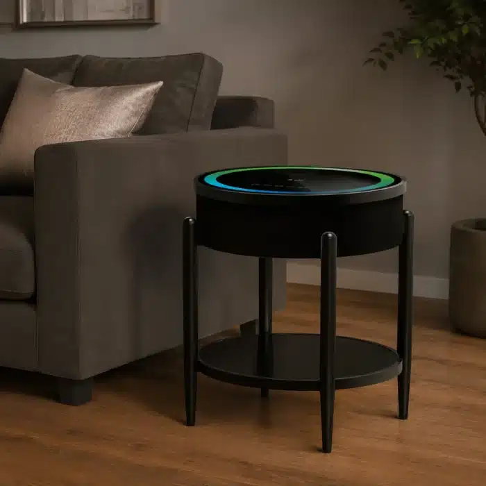Măsuță Rotundă Smart QMS-7 Neagră cu Boxă Bluetooth 65W, Subwoofer, Încărcare Wireless, USB-C, TWS și LED RGB - imagine 11