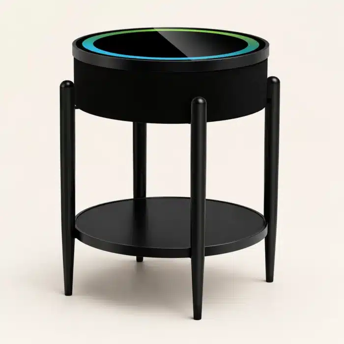 Măsuță Rotundă Smart QMS-7 Neagră cu Boxă Bluetooth 65W, Subwoofer, Încărcare Wireless, USB-C, TWS și LED RGB - imagine 9