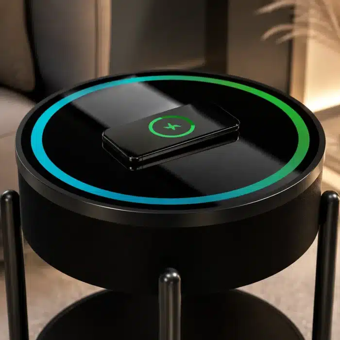 Măsuță Rotundă Smart QMS-7 Neagră cu Boxă Bluetooth 65W, Subwoofer, Încărcare Wireless, USB-C, TWS și LED RGB - imagine 7