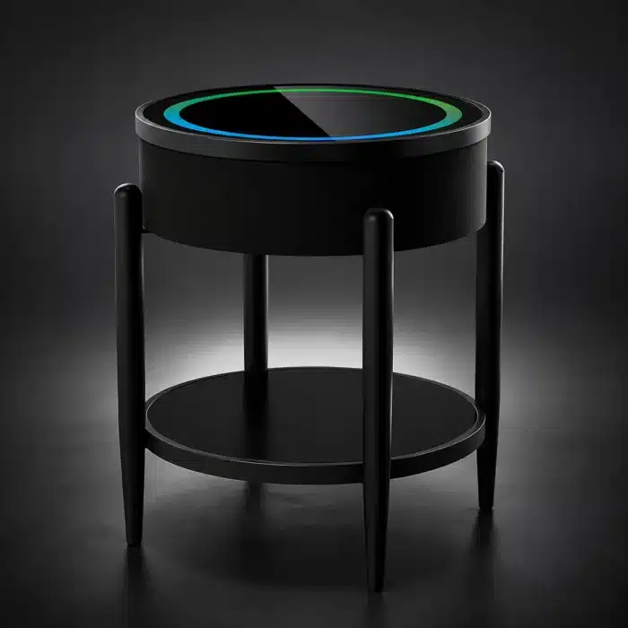 Măsuță Rotundă Smart QMS-7 Neagră cu Boxă Bluetooth 65W, Subwoofer, Încărcare Wireless, USB-C, TWS și LED RGB - imagine 6