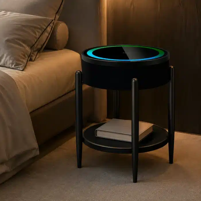 Măsuță Rotundă Smart QMS-7 Neagră cu Boxă Bluetooth 65W, Subwoofer, Încărcare Wireless, USB-C, TWS și LED RGB - imagine 5