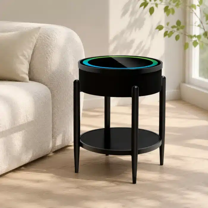 Măsuță Rotundă Smart QMS-7 Neagră cu Boxă Bluetooth 65W, Subwoofer, Încărcare Wireless, USB-C, TWS și LED RGB - imagine 4