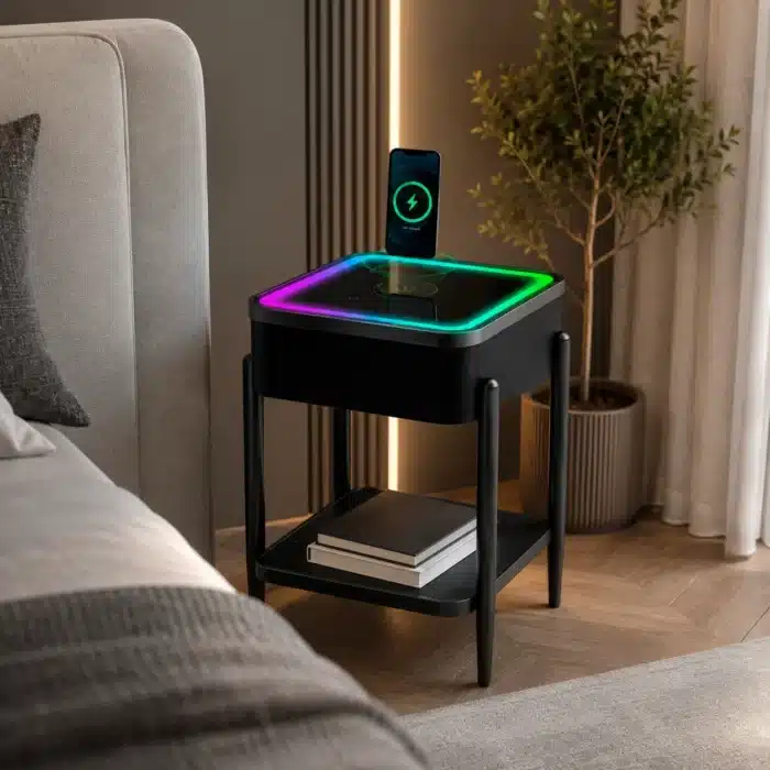Măsuță Smart QMS-8 Neagră cu Boxă Bluetooth 65W, Subwoofer, Încărcare Wireless, USB-C, TWS și LED RGB - imagine 12