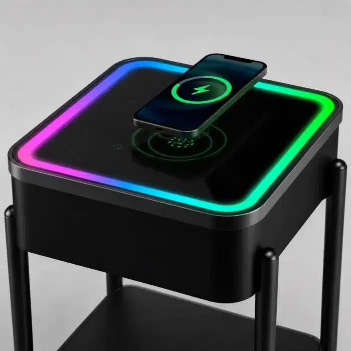 Măsuță Smart QMS-8 Neagră cu Boxă Bluetooth 65W, Subwoofer, Încărcare Wireless, USB-C, TWS și LED RGB - imagine 5